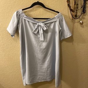 Sky blue off the shoulder dress with bow neckline